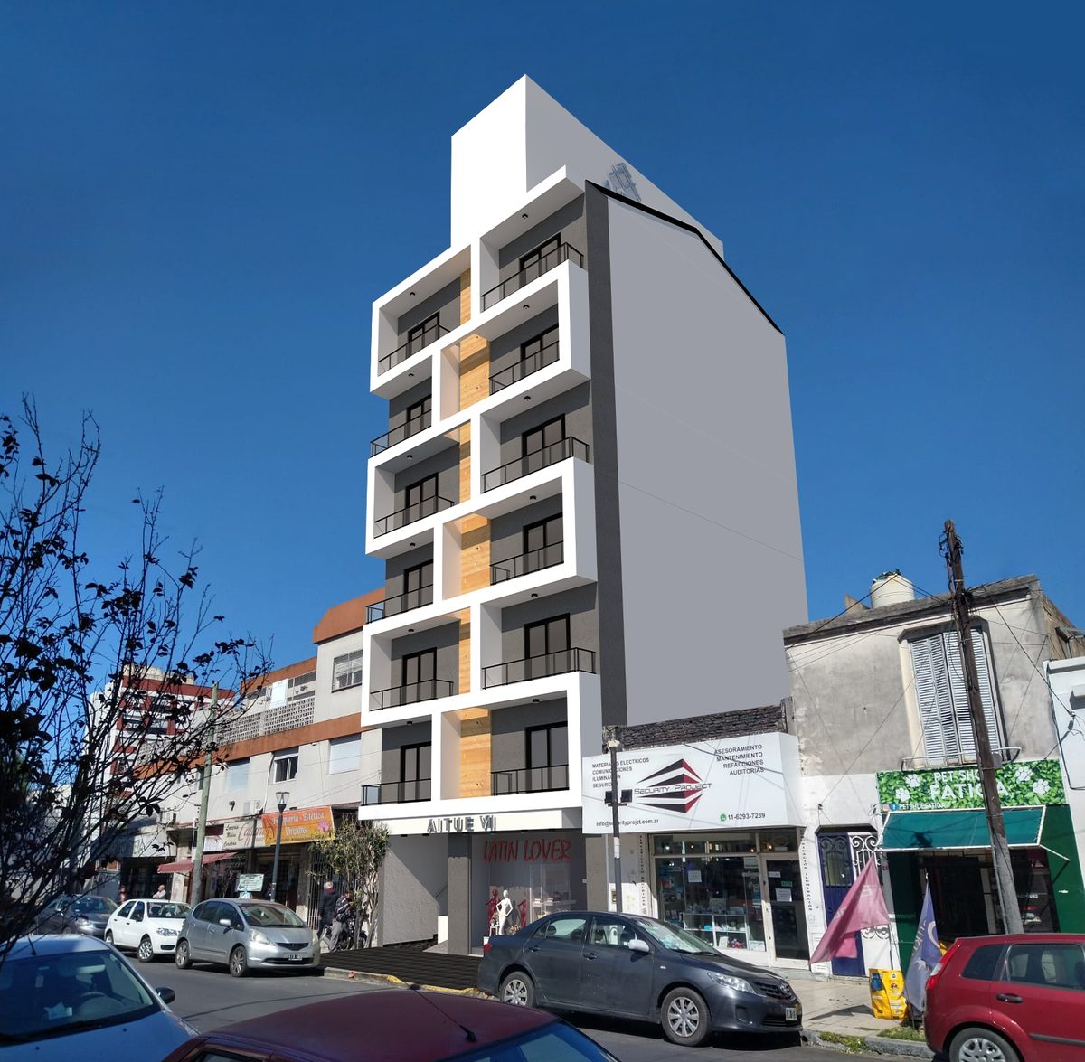 Render del edificio Aitue II sobre Padre Elizalde, con balcones enmarcados en blanco y una franja de madera al centro